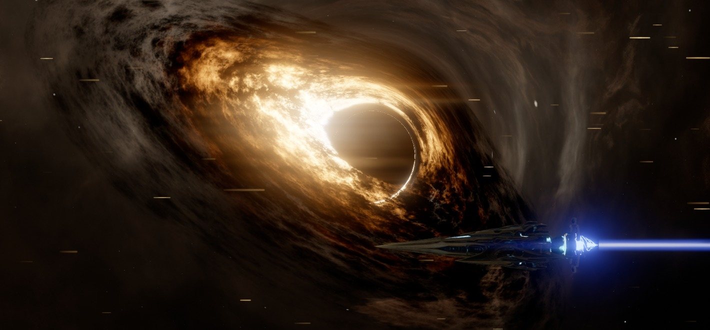 A capital ship under full burn past the black hole